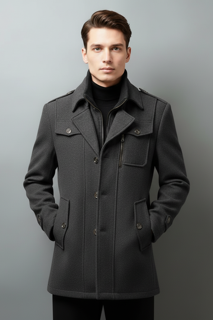 Men’s Trench Coat with Stand Collar and Buttoned Pockets