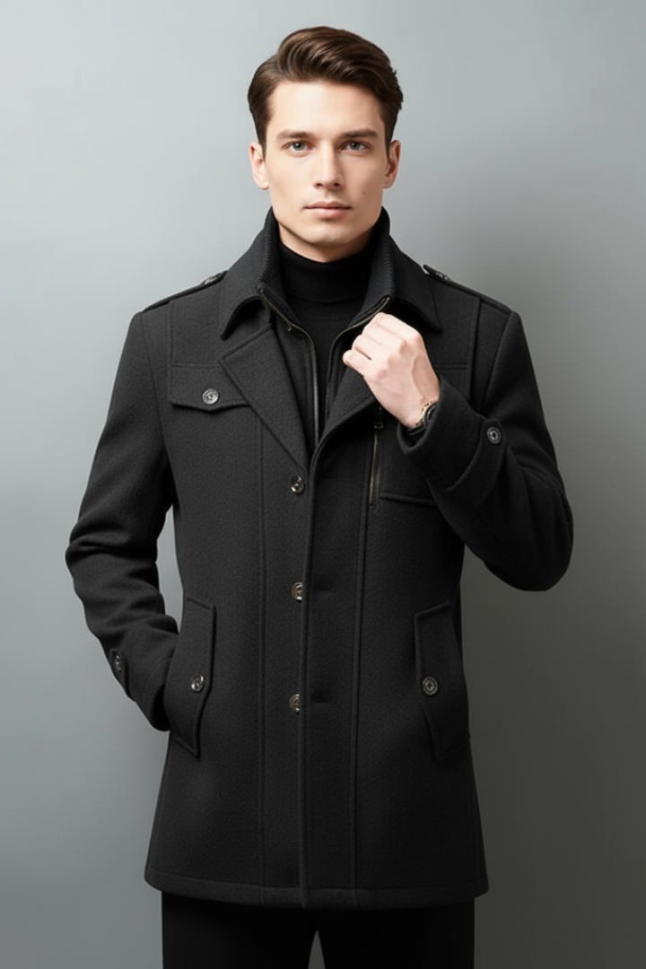 Men’s Trench Coat with Stand Collar and Buttoned Pockets