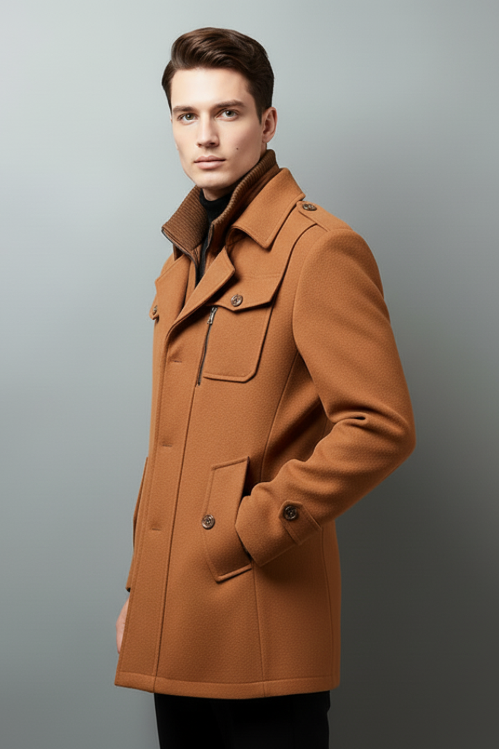 Men’s Trench Coat with Stand Collar and Buttoned Pockets