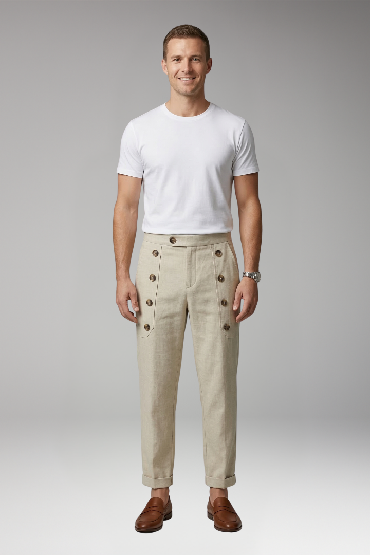Men's Trousers with Elastic Waist and Button Details