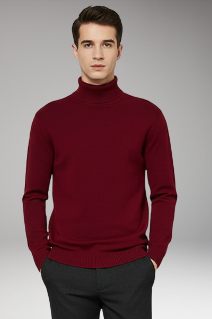Men’s Turtleneck Jumper with Ribbed Edges and Plain Surface