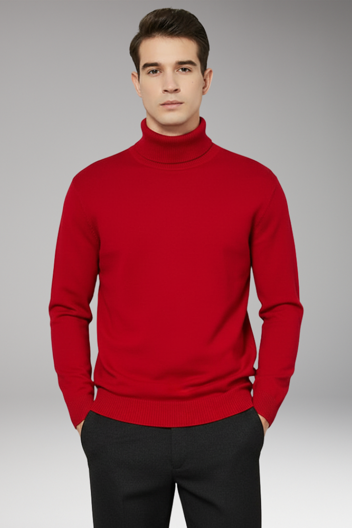 Men’s Turtleneck Jumper with Ribbed Edges and Plain Surface