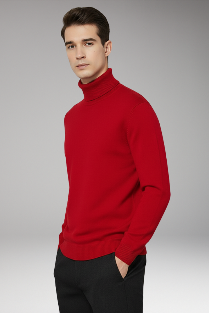 Men’s Turtleneck Jumper with Ribbed Edges and Plain Surface