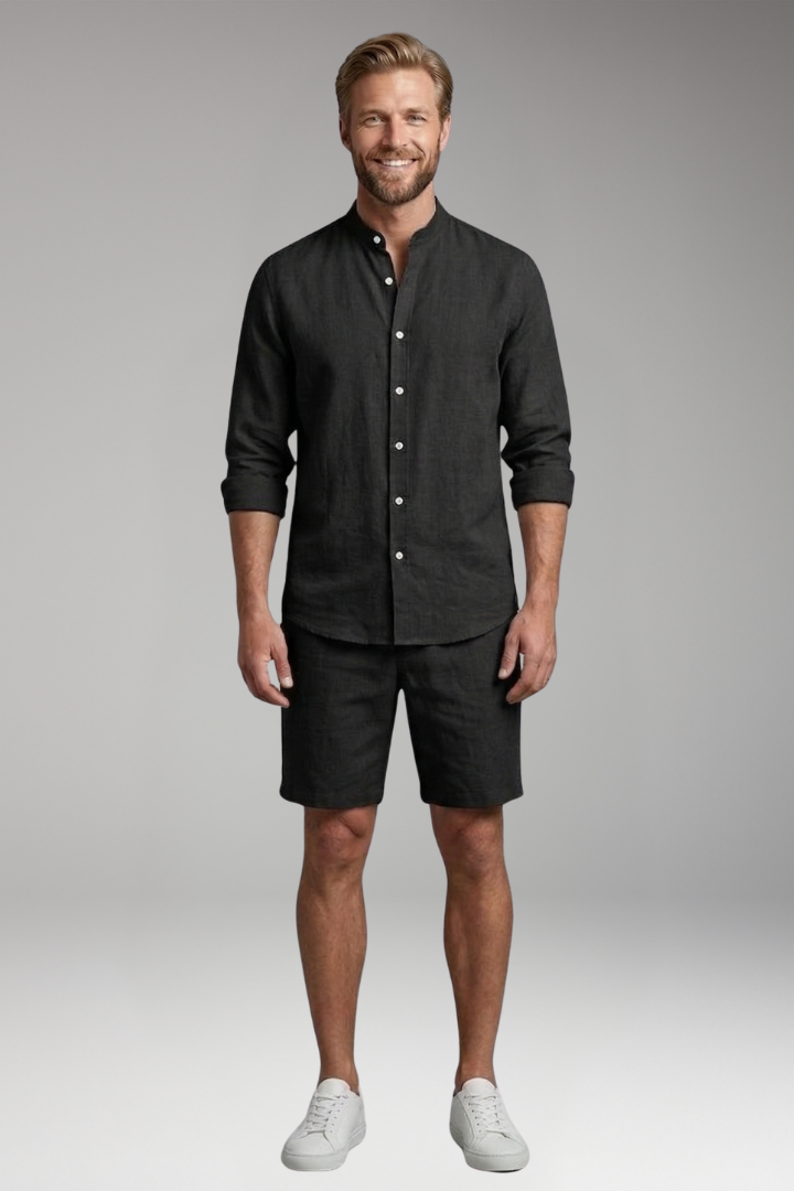 Men’s Two-Piece Set with Button-Up Shirt and Relaxed Fit Shorts
