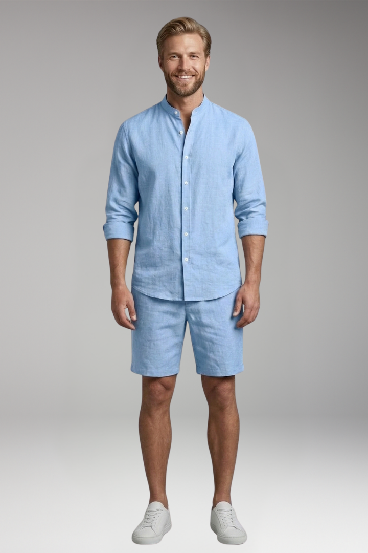 Men’s Two-Piece Set with Button-Up Shirt and Relaxed Fit Shorts