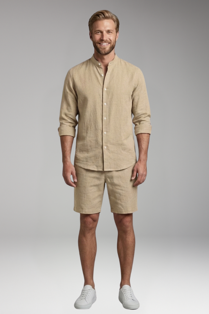Men’s Two-Piece Set with Button-Up Shirt and Relaxed Fit Shorts