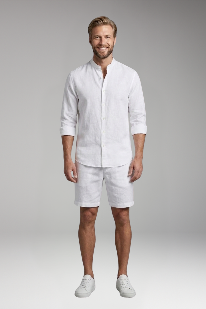 Men’s Two-Piece Set with Button-Up Shirt and Relaxed Fit Shorts