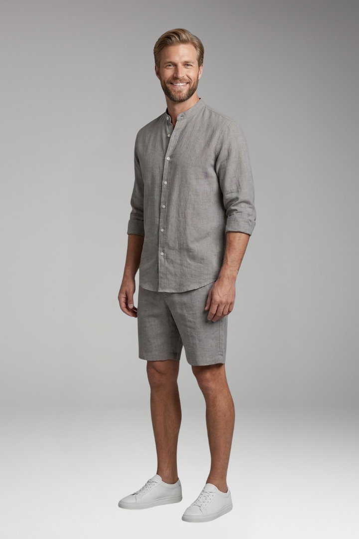 Men’s Two-Piece Set with Button-Up Shirt and Relaxed Fit Shorts