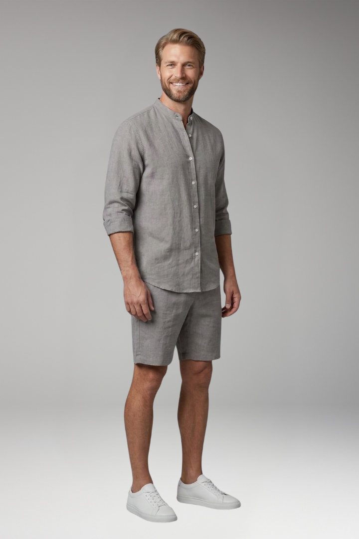 Men’s Two-Piece Set with Button-Up Shirt and Relaxed Fit Shorts