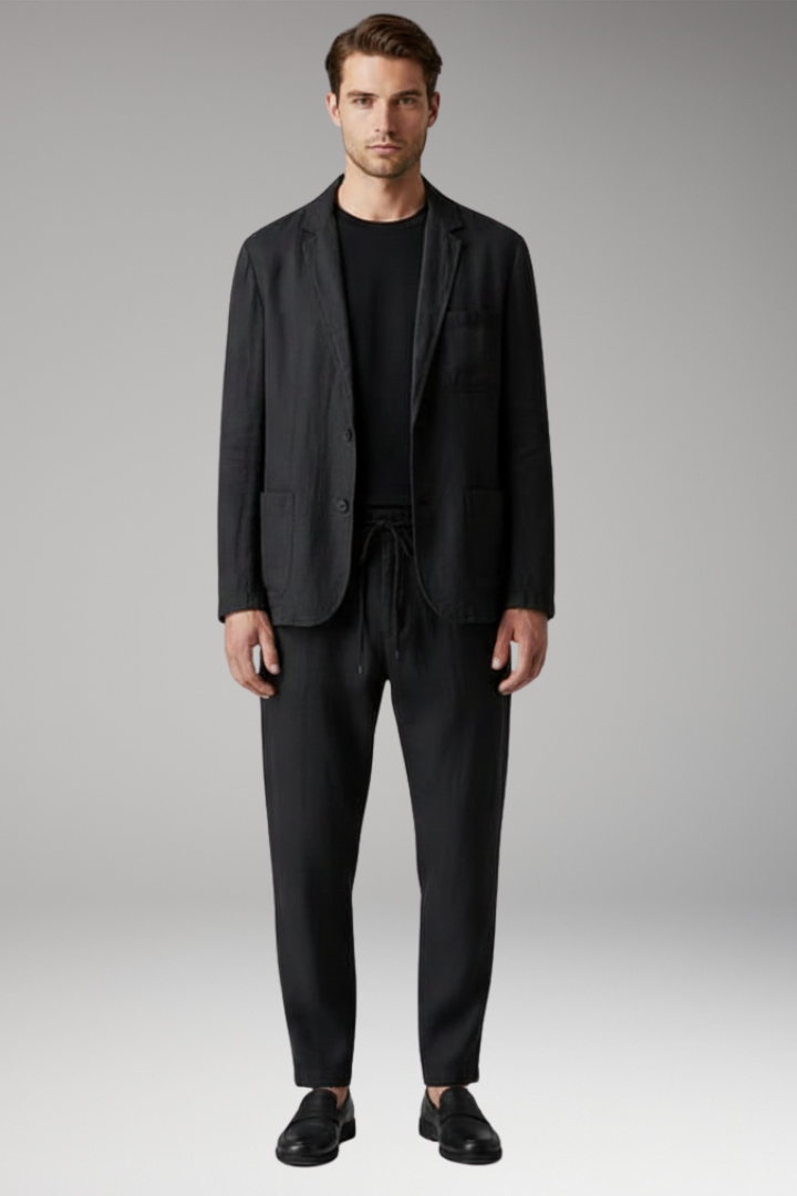 Men’s Two-Piece Set with Button Blazer and Elastic Trousers