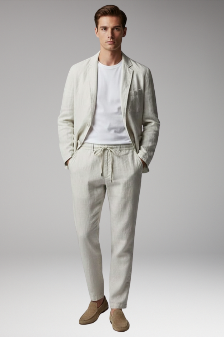Men’s Two-Piece Set with Button Blazer and Elastic Trousers