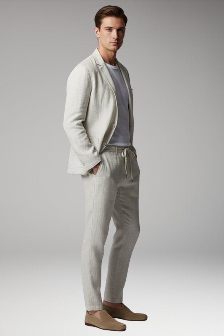 Men’s Two-Piece Set with Button Blazer and Elastic Trousers