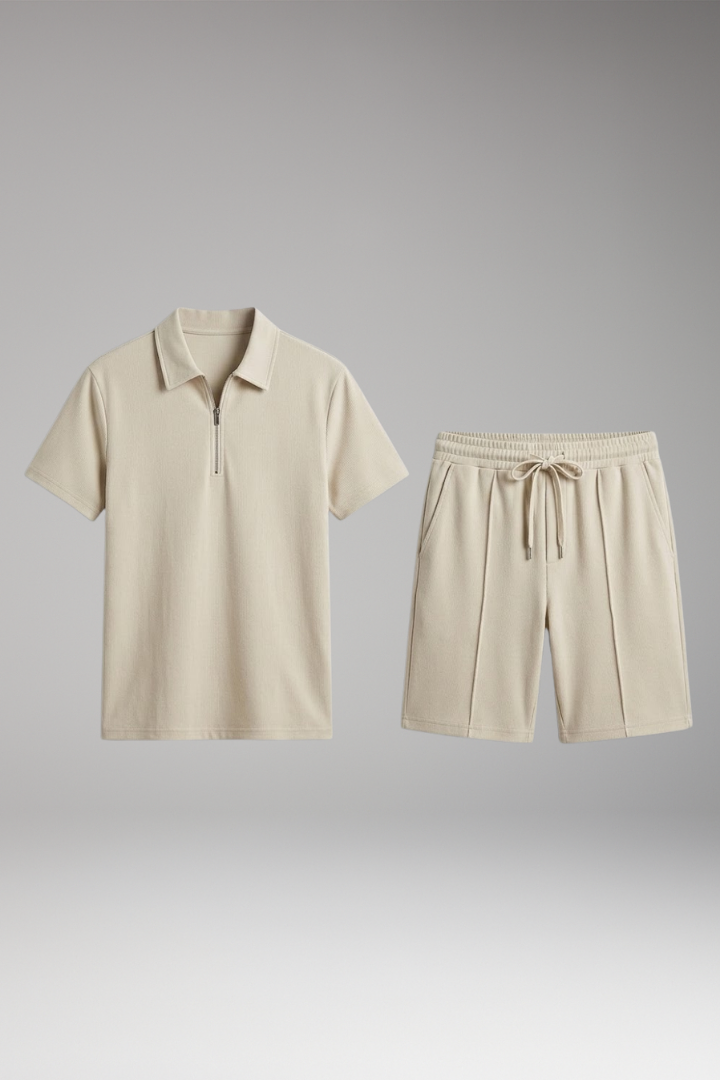 Men’s Two-Piece Set with Half-Zip Shirt and Elastic Waistband Shorts