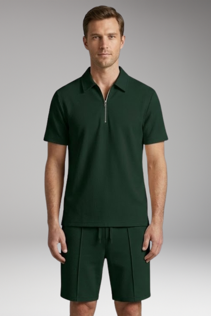 Men’s Two-Piece Set with Half-Zip Shirt and Elastic Waistband Shorts