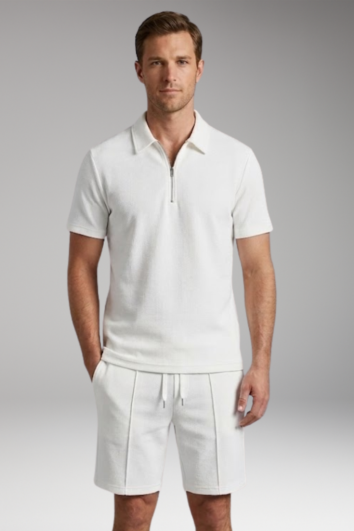 Men’s Two-Piece Set with Half-Zip Shirt and Elastic Waistband Shorts