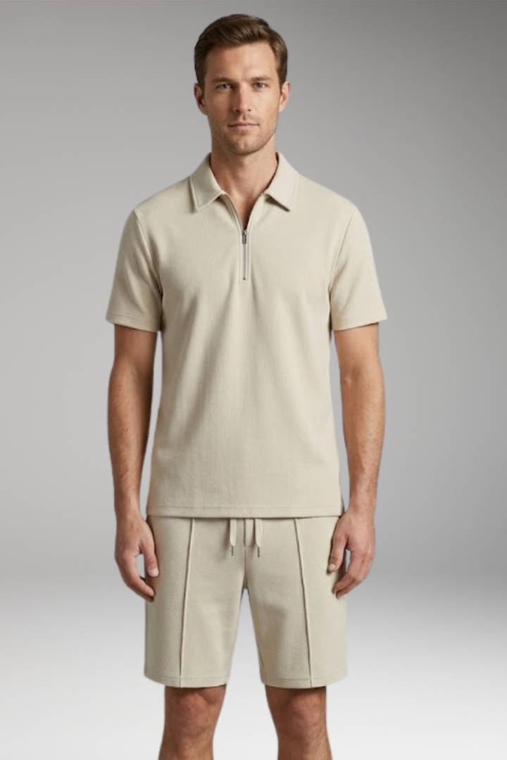 Men’s Two-Piece Set with Half-Zip Shirt and Elastic Waistband Shorts