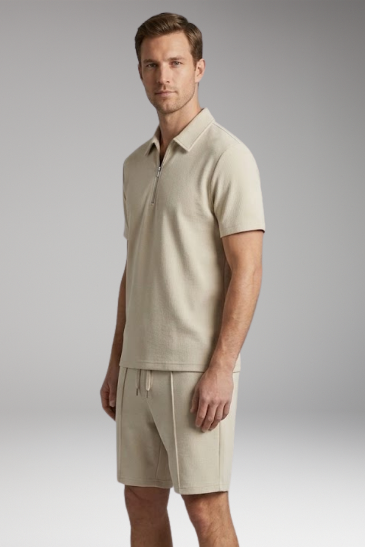 Men’s Two-Piece Set with Half-Zip Shirt and Elastic Waistband Shorts