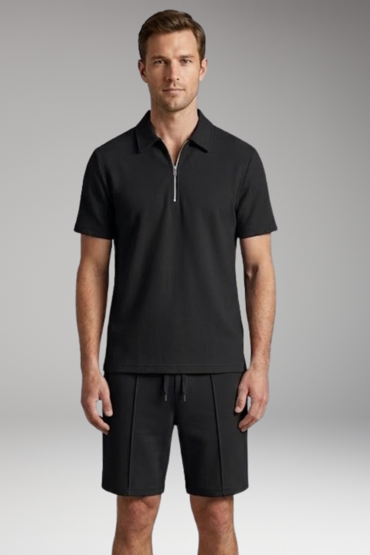 Men’s Two-Piece Set with Half-Zip Shirt and Elastic Waistband Shorts