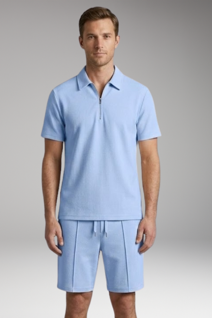 Men’s Two-Piece Set with Half-Zip Shirt and Elastic Waistband Shorts