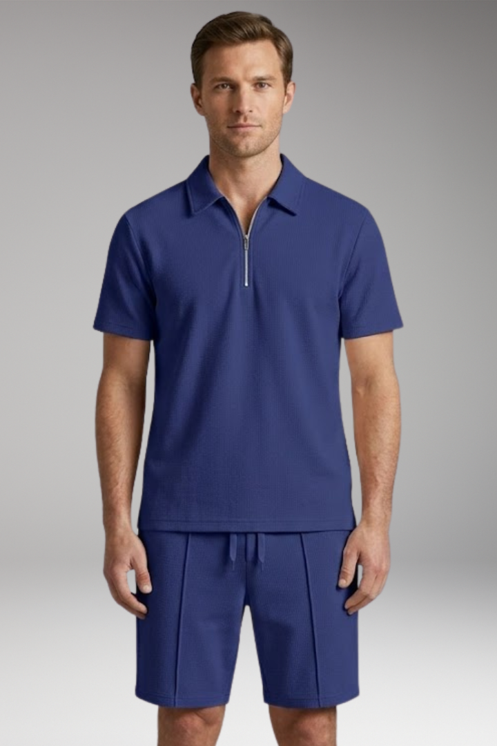 Men’s Two-Piece Set with Half-Zip Shirt and Elastic Waistband Shorts