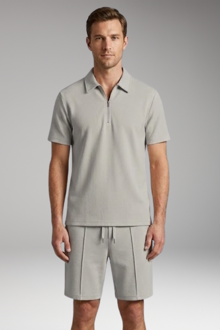 Men’s Two-Piece Set with Half-Zip Shirt and Elastic Waistband Shorts