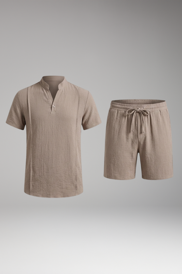 Men’s Two-Piece Set with Henley Neckline and Drawstring Shorts