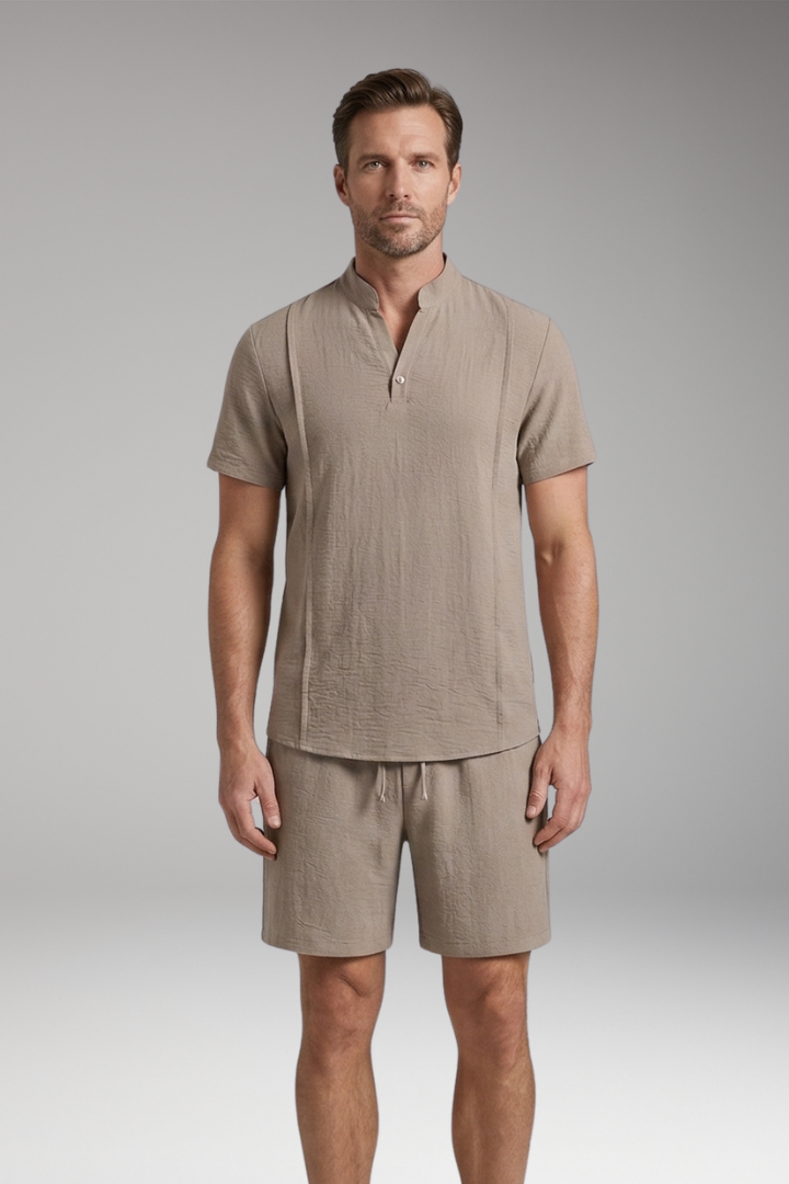 Men’s Two-Piece Set with Henley Neckline and Drawstring Shorts