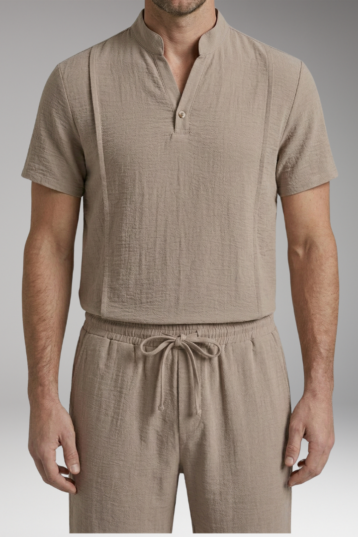 Men’s Two-Piece Set with Henley Neckline and Drawstring Shorts