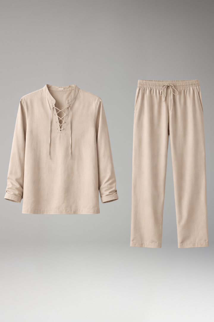 Men’s Two-Piece Set with Lace-Up Shirt and Relaxed Fit Trousers