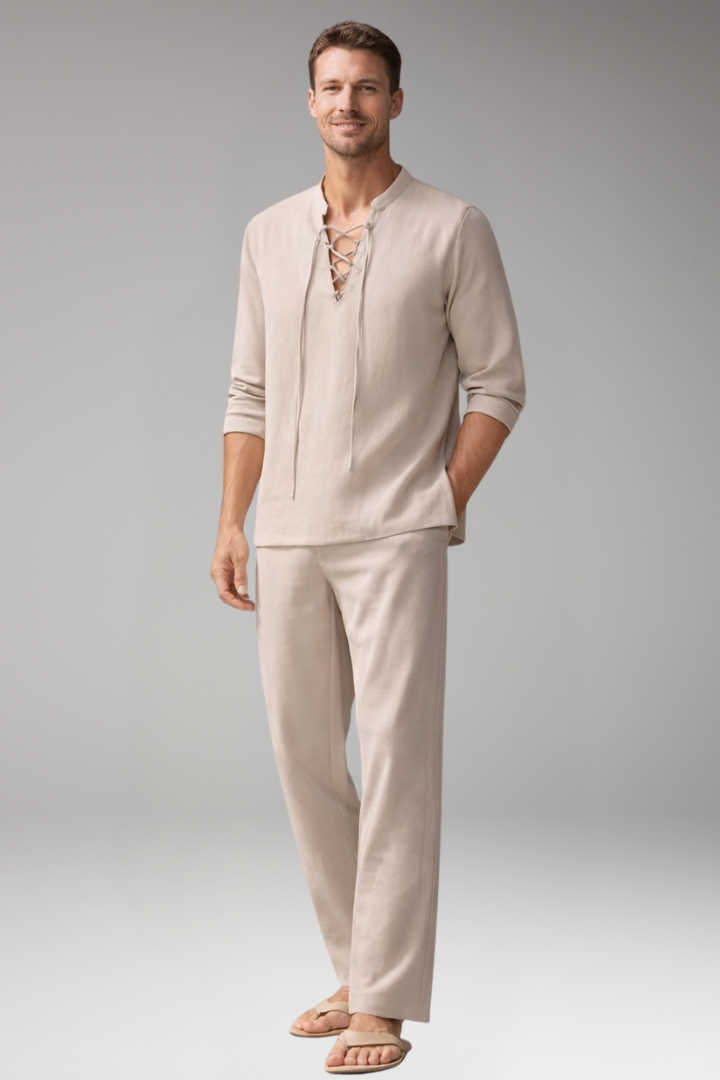 Men’s Two-Piece Set with Lace-Up Shirt and Relaxed Fit Trousers