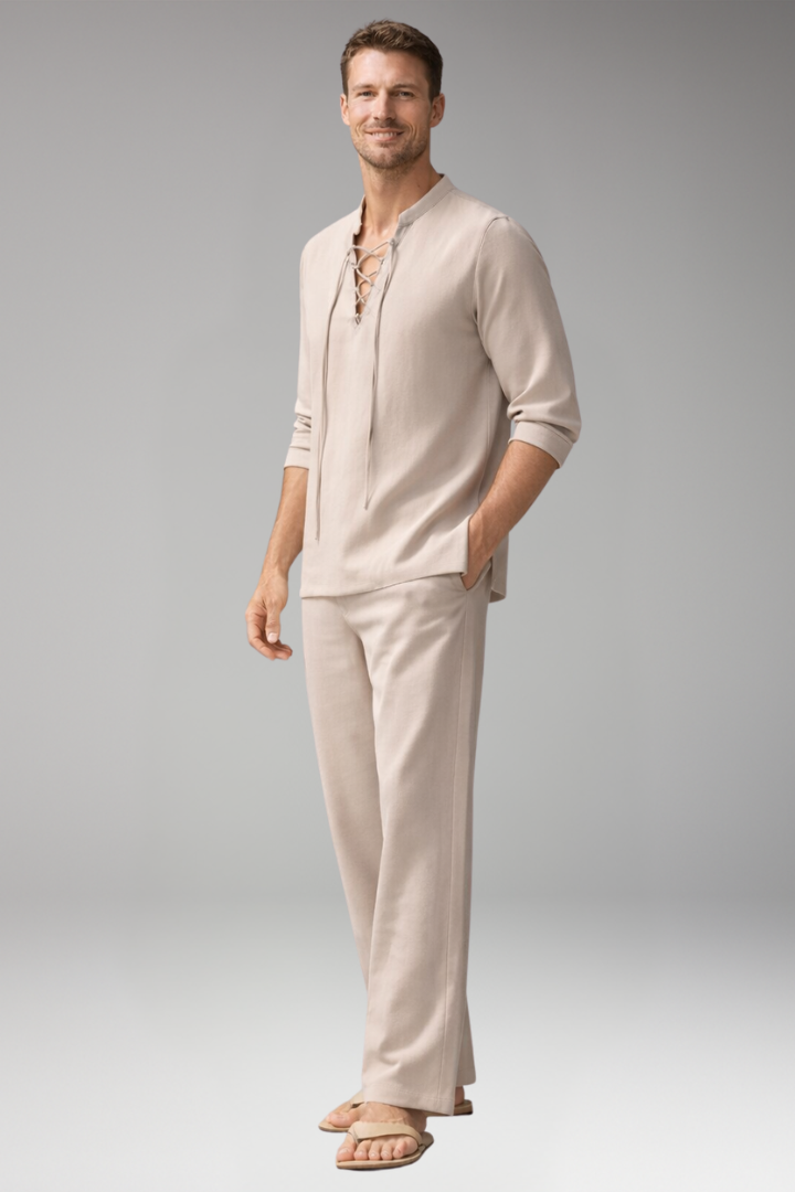 Men’s Two-Piece Set with Lace-Up Shirt and Relaxed Fit Trousers