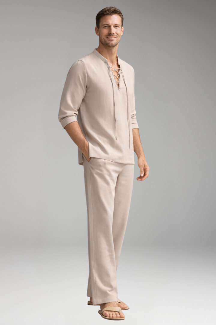 Men’s Two-Piece Set with Lace-Up Shirt and Relaxed Fit Trousers