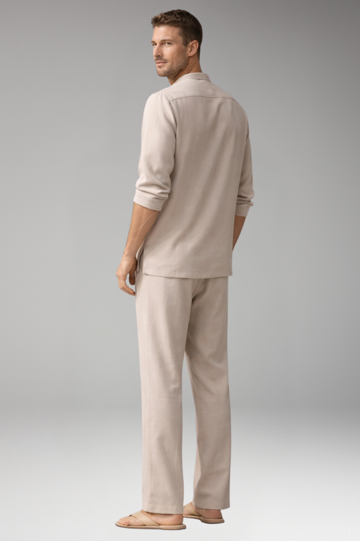 Men’s Two-Piece Set with Lace-Up Shirt and Relaxed Fit Trousers