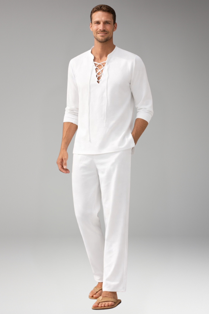 Men’s Two-Piece Set with Lace-Up Shirt and Relaxed Fit Trousers