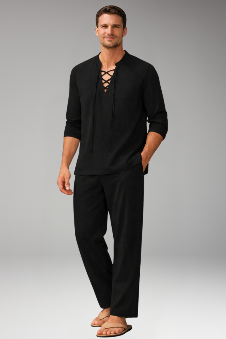 Men’s Two-Piece Set with Lace-Up Shirt and Relaxed Fit Trousers