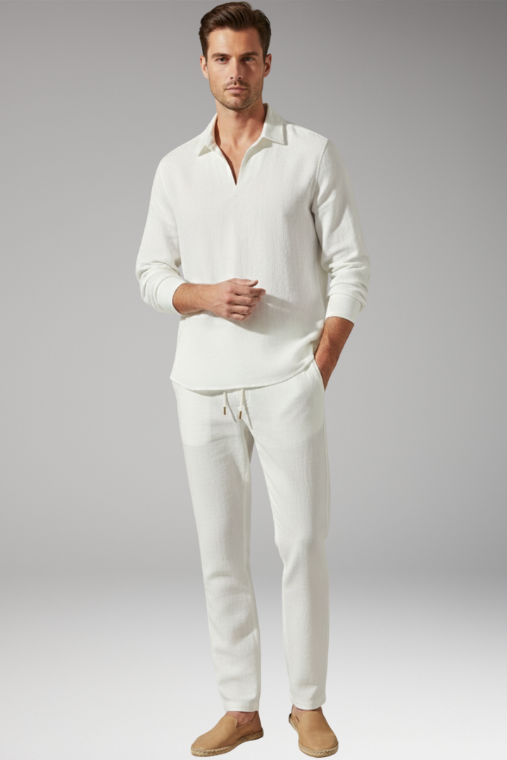 Men’s Two-Piece Set with Long Sleeve Shirt and Drawstring Trousers