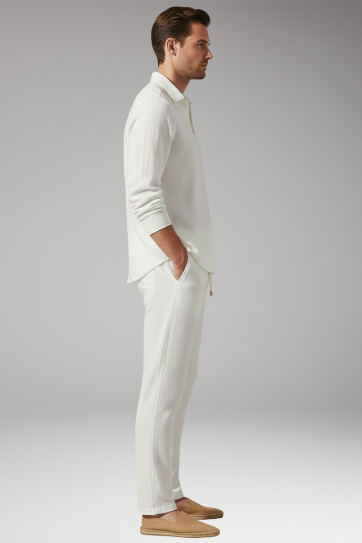 Men’s Two-Piece Set with Long Sleeve Shirt and Drawstring Trousers