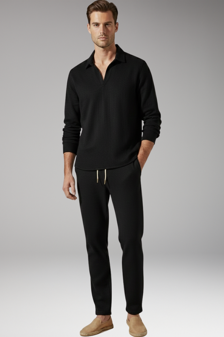 Men’s Two-Piece Set with Long Sleeve Shirt and Drawstring Trousers