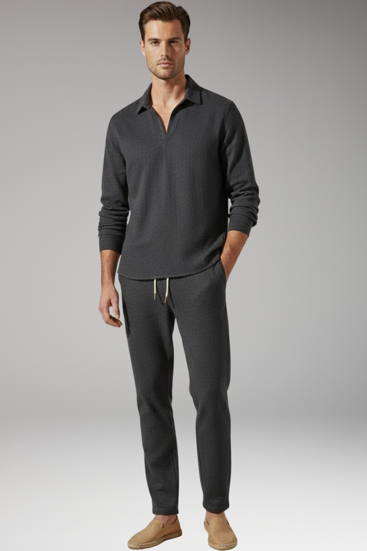 Men’s Two-Piece Set with Long Sleeve Shirt and Drawstring Trousers