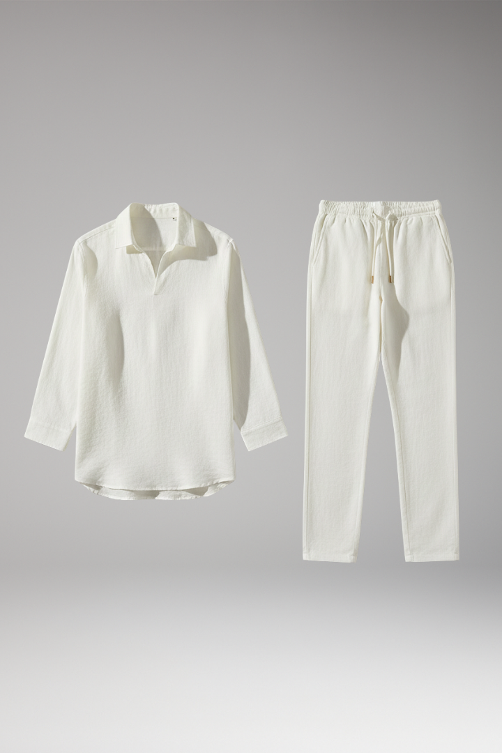 Men’s Two-Piece Set with Long Sleeve Shirt and Drawstring Trousers