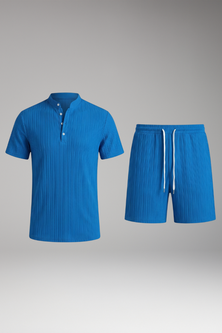 Men's Two-Piece Set with Ribbed Surface and Drawstring Shorts