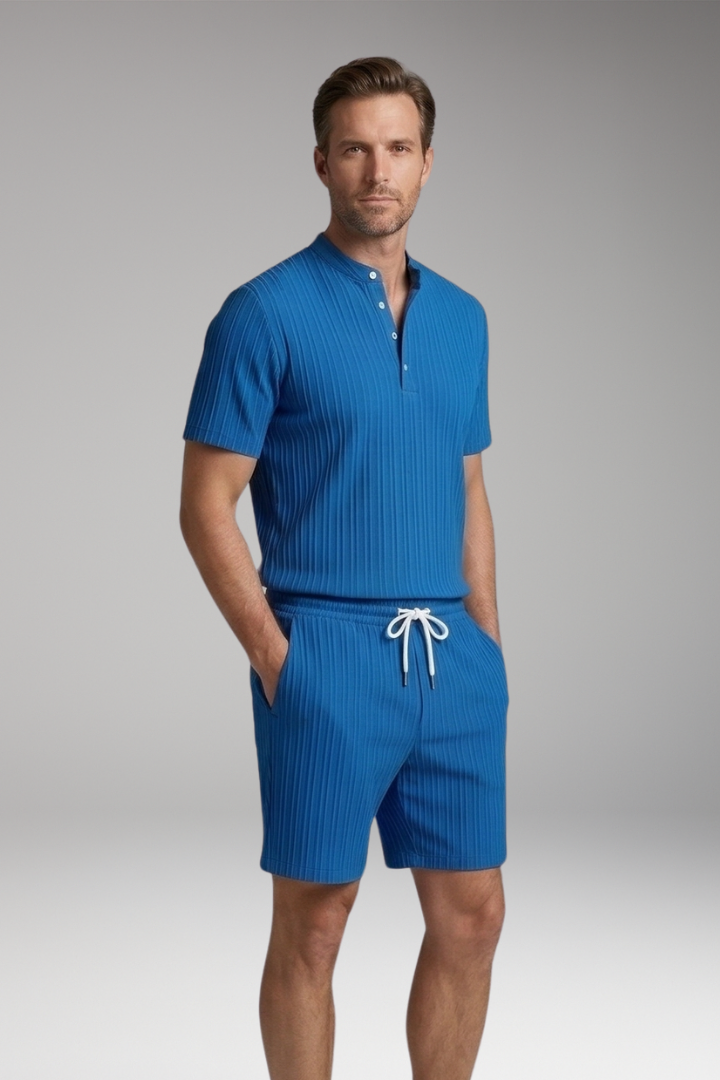 Men's Two-Piece Set with Ribbed Surface and Drawstring Shorts