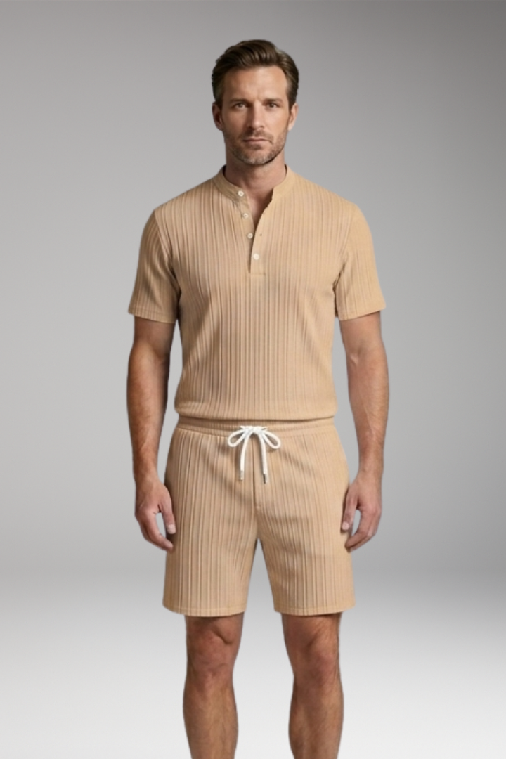 Men's Two-Piece Set with Ribbed Surface and Drawstring Shorts