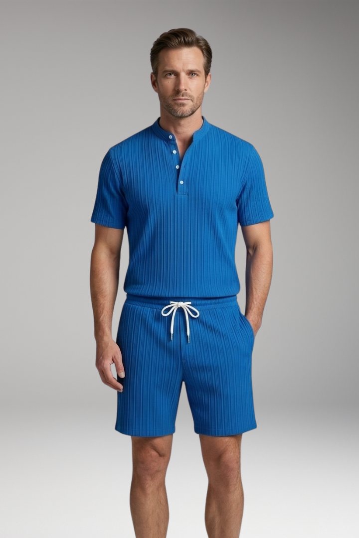 Men's Two-Piece Set with Ribbed Surface and Drawstring Shorts