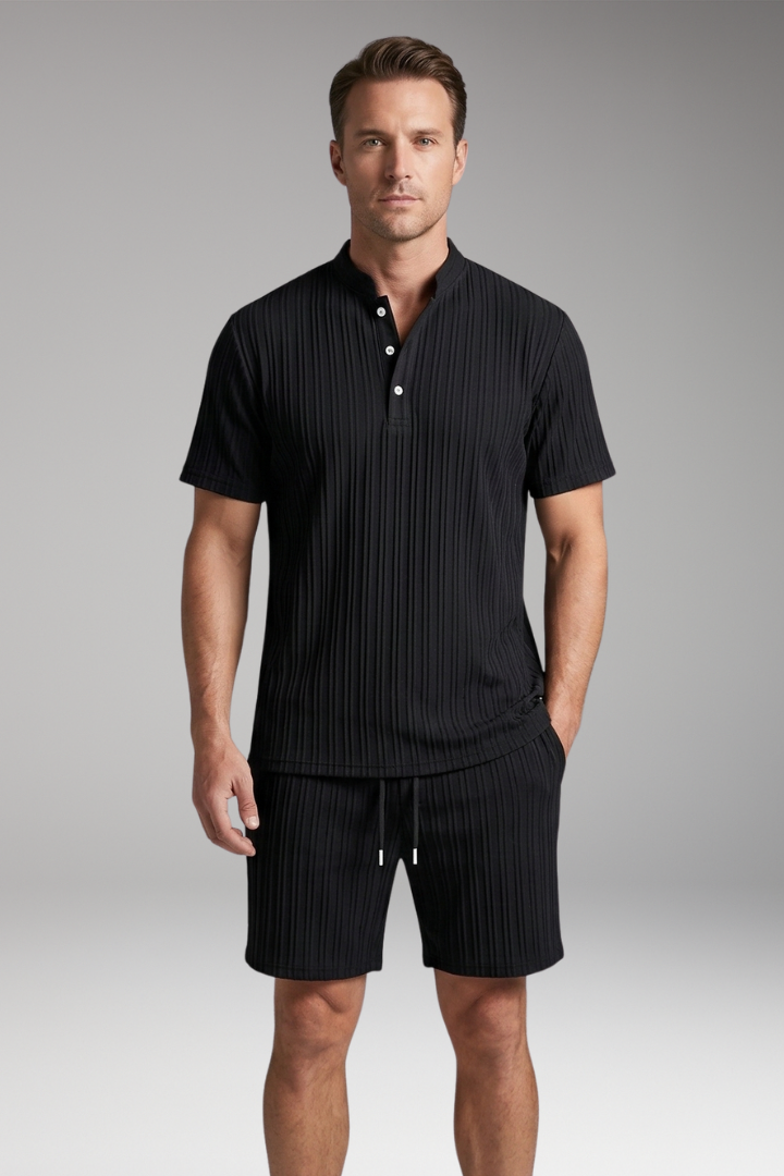 Men's Two-Piece Set with Ribbed Surface and Drawstring Shorts