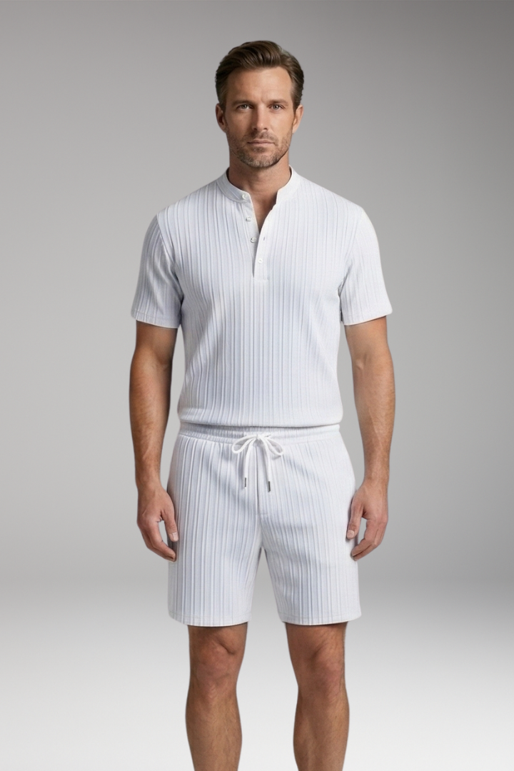 Men's Two-Piece Set with Ribbed Surface and Drawstring Shorts