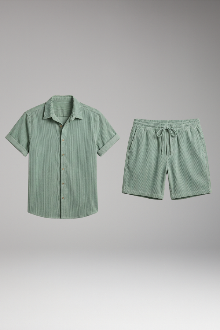 Men's Two-Piece Set with Short-Sleeve Shirt and Drawstring Shorts