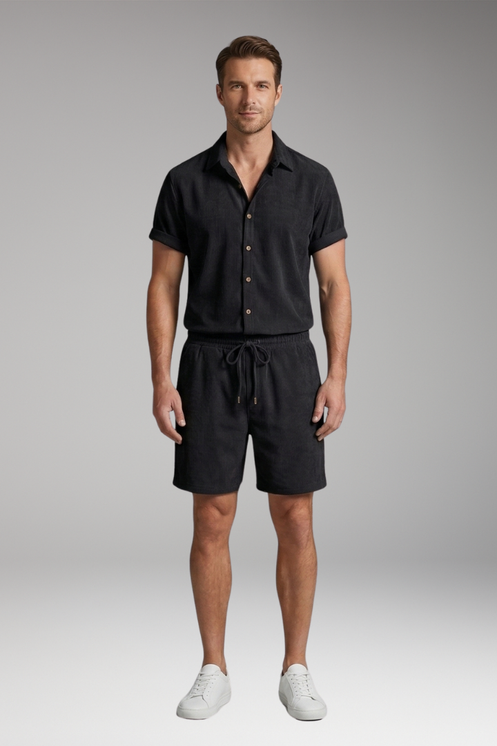 Men's Two-Piece Set with Short-Sleeve Shirt and Drawstring Shorts