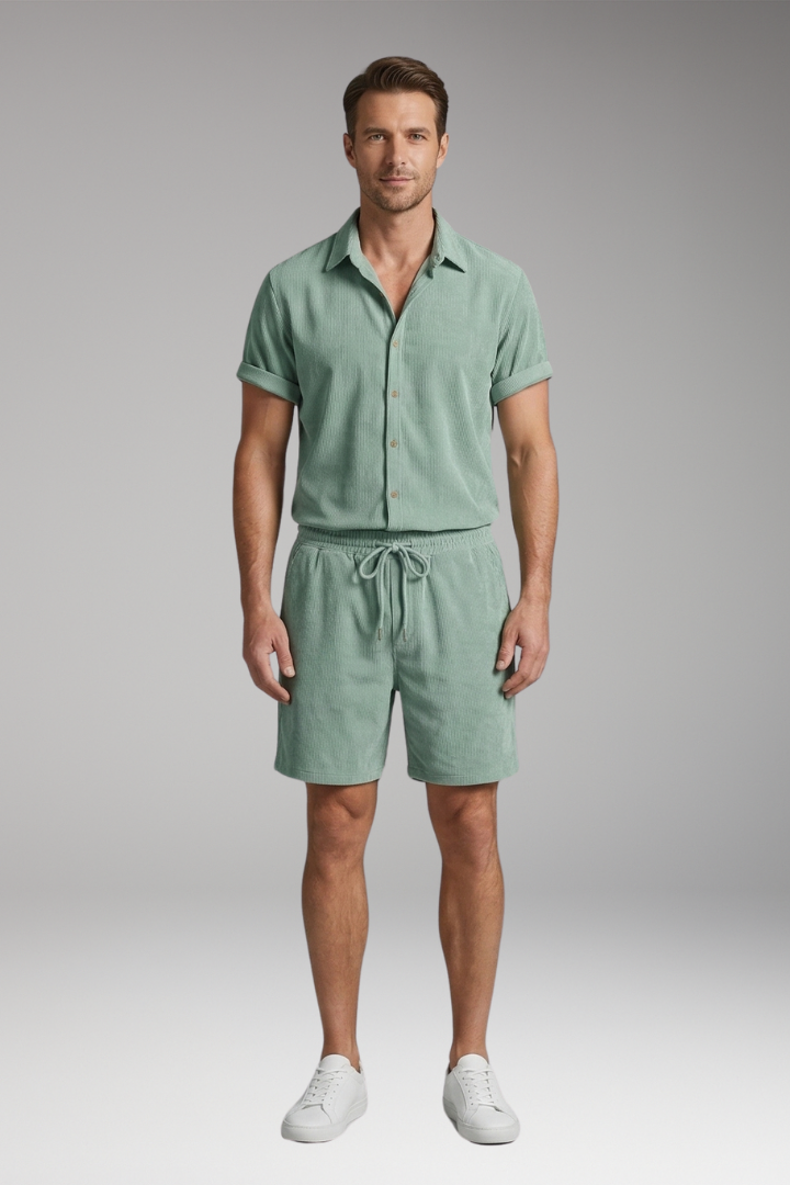 Men's Two-Piece Set with Short-Sleeve Shirt and Drawstring Shorts