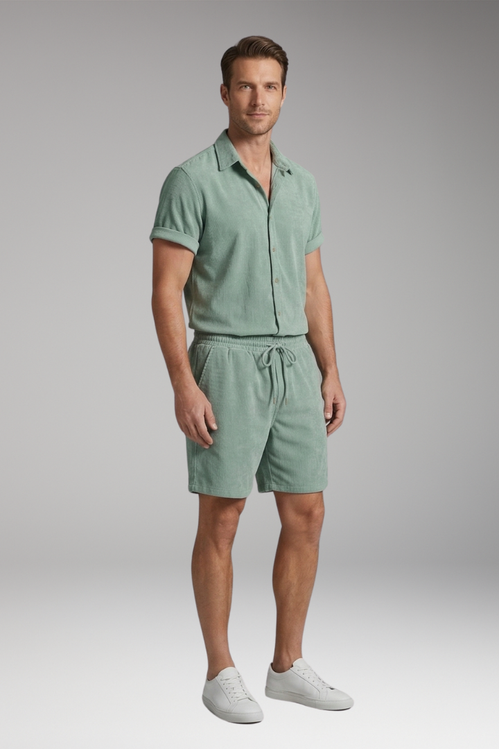 Men's Two-Piece Set with Short-Sleeve Shirt and Drawstring Shorts